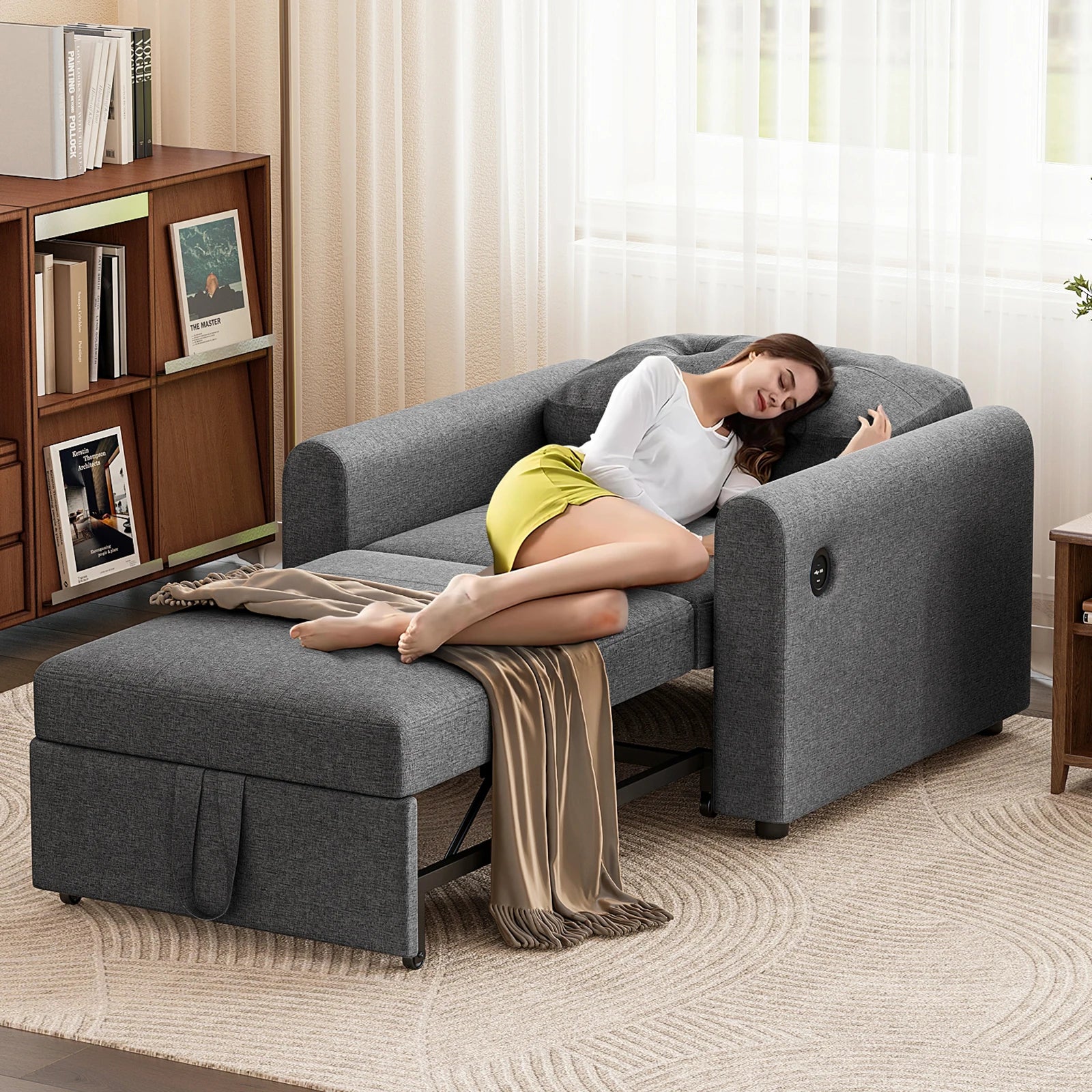 Single Sofa Bed, 3-in-1 Convertible Pull Out Sleeper Sofa Bed Chair with USB Ports & Side Pocket for Living Room, Guest Room