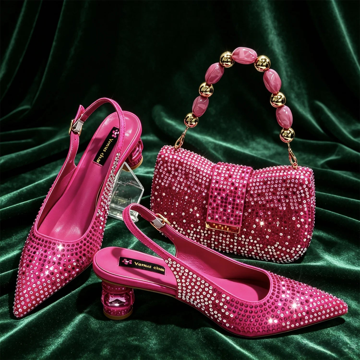 Hot Fuchsia Full Rhinestone Slingback Heels Matching Clutch Bag Set Women Luxury Crystal Pointed Shoes for Wedding Evening Party