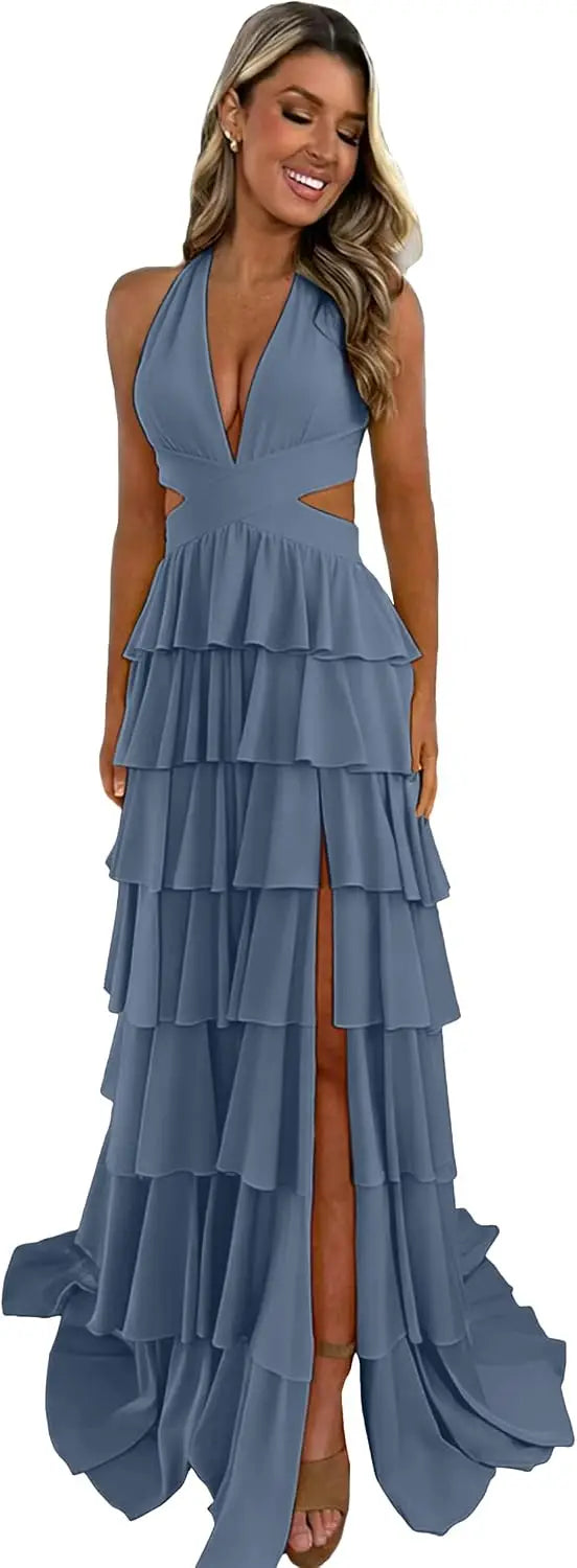 Customized Halter Tiered Ruffle Prom Dresses for Women 2026 Strapless Chiffon Long Formal Evening Party Gowns with Slit