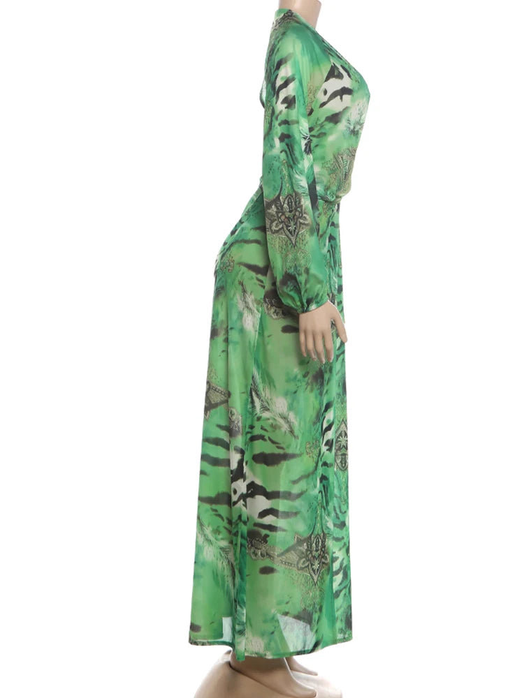 Sisterlinda Backless Long Dress Woman Autumn Trend Deep V-Neck Tiger Stripe Print Lantern Sleeve Beach Party Elegant Vestidos