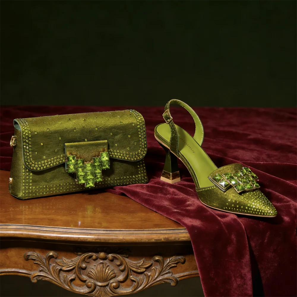 2026 INS Italian Design Olive Green Rhinestone Pointed-Toe Women's High Heels & Matching Bag Set - Ideal for Parties & Weddings
