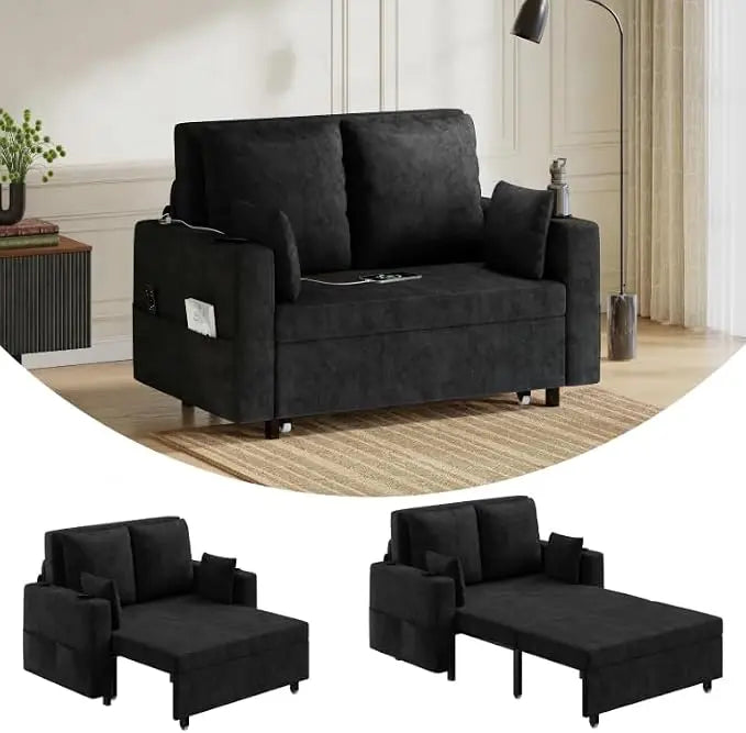3 in 1 Pull Out Couch, Convertible Sleeper Sofa Bed, 56 Inch Loveseat Sofa Couch with Cup Holders, Modern Loveseat Sleeper Sofa for Living Room, Bedroom