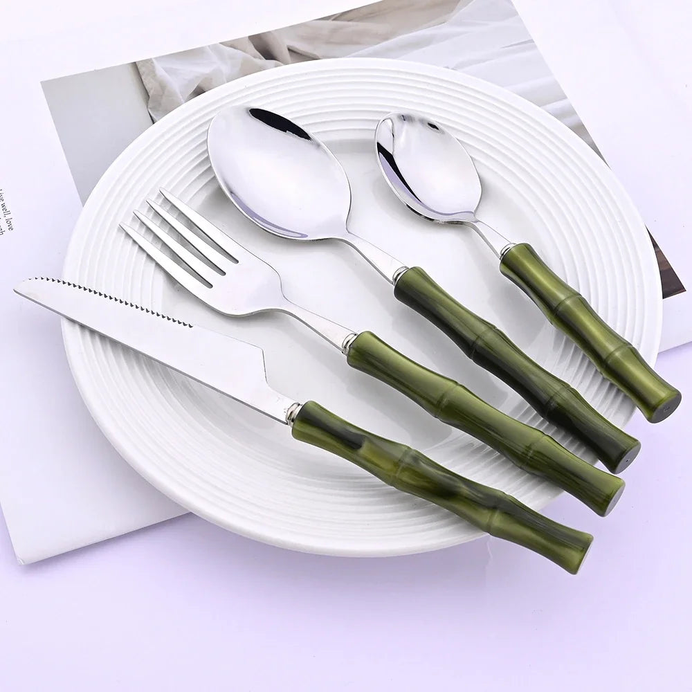 4Pcs Imitation Bamboo Handle Dinnerware Set Knife Fork Spoon Tableware Set Stainless Steel Cutlery Kitchen Flatware