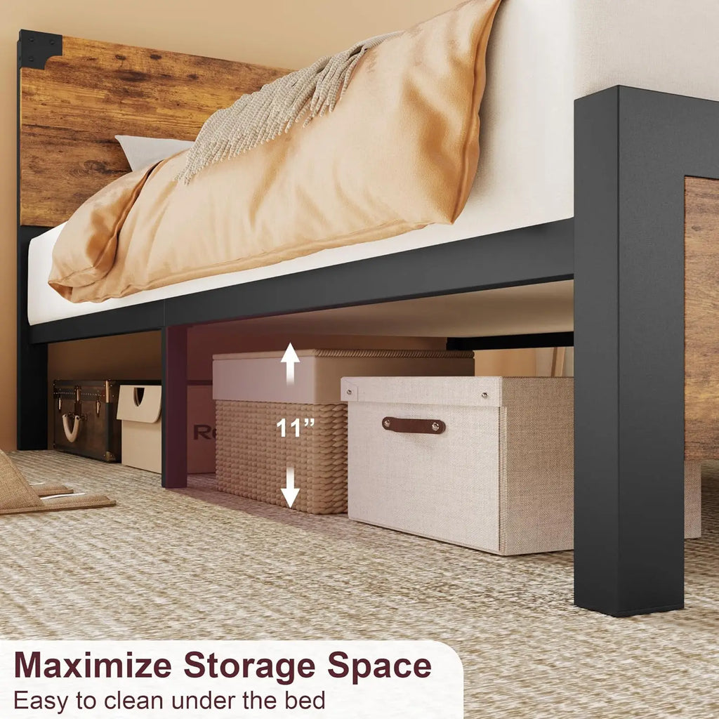 UK King Size Bed with Wooden Headboard, Platform King Bed Frame with Under-Bed Storage and Metal Legs, Noise-Free, No Box Spring