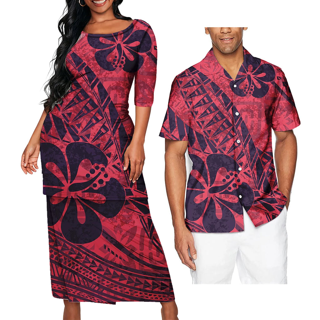Polynesian Tribal Clothing Set Samoan Print Couple Clothing Set 2024 Girl's Party Casual Dresses Women Ladies Match Men Shirts