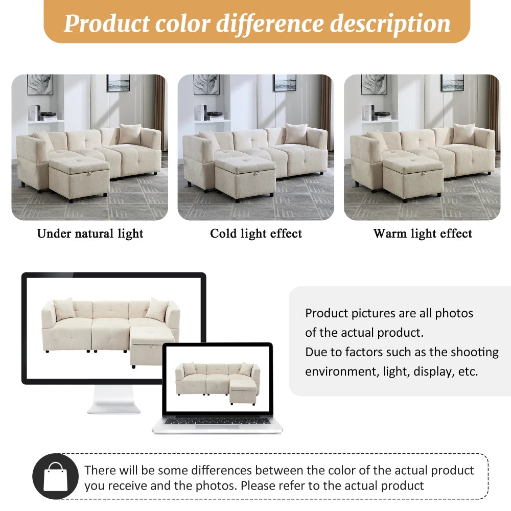 PINOOG L-Shaped Couch Sofa, Corner Sofa 3 Seater Sofa, Sectional Sofa Couches With USB, Cup Holder, For Apartment Living Room (Beige)