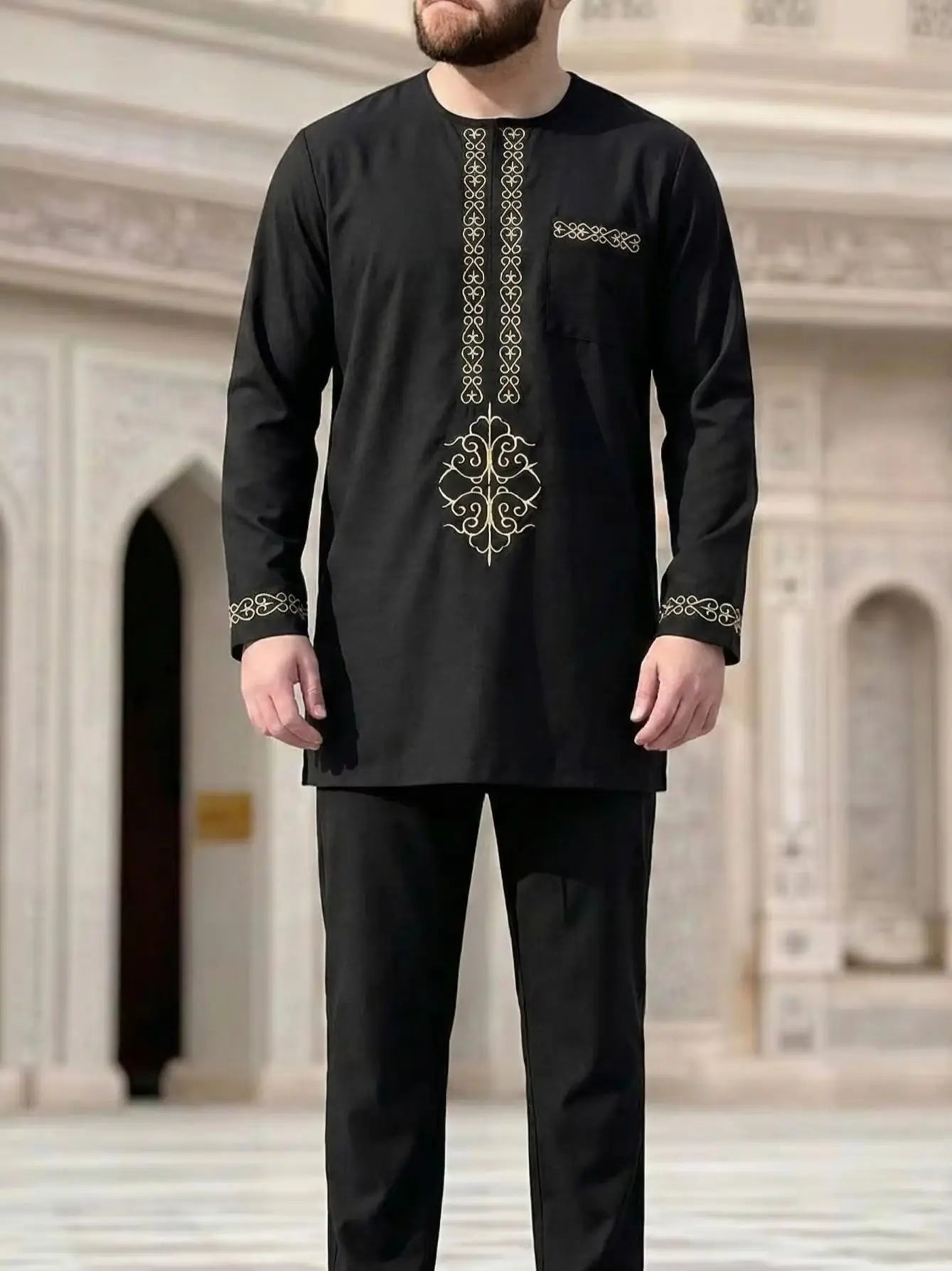 2025 New Elegant Men's Suit African Style Kaftan Embroidery Casual 2 Piece Suit Festive Wedding Traditional Men's Clothing