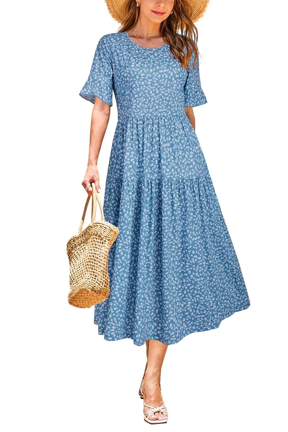 Women Summer Dress Floral Short Sleeve Casual Swing Midi Dress With Pockets