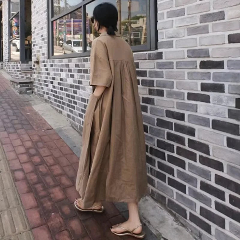 Women V‑Neck Midi Long Dress Short Sleeve Loose Dress With Pockets Casual Vacation Daily Streetwear Ladies Baggy Maxi Dresses