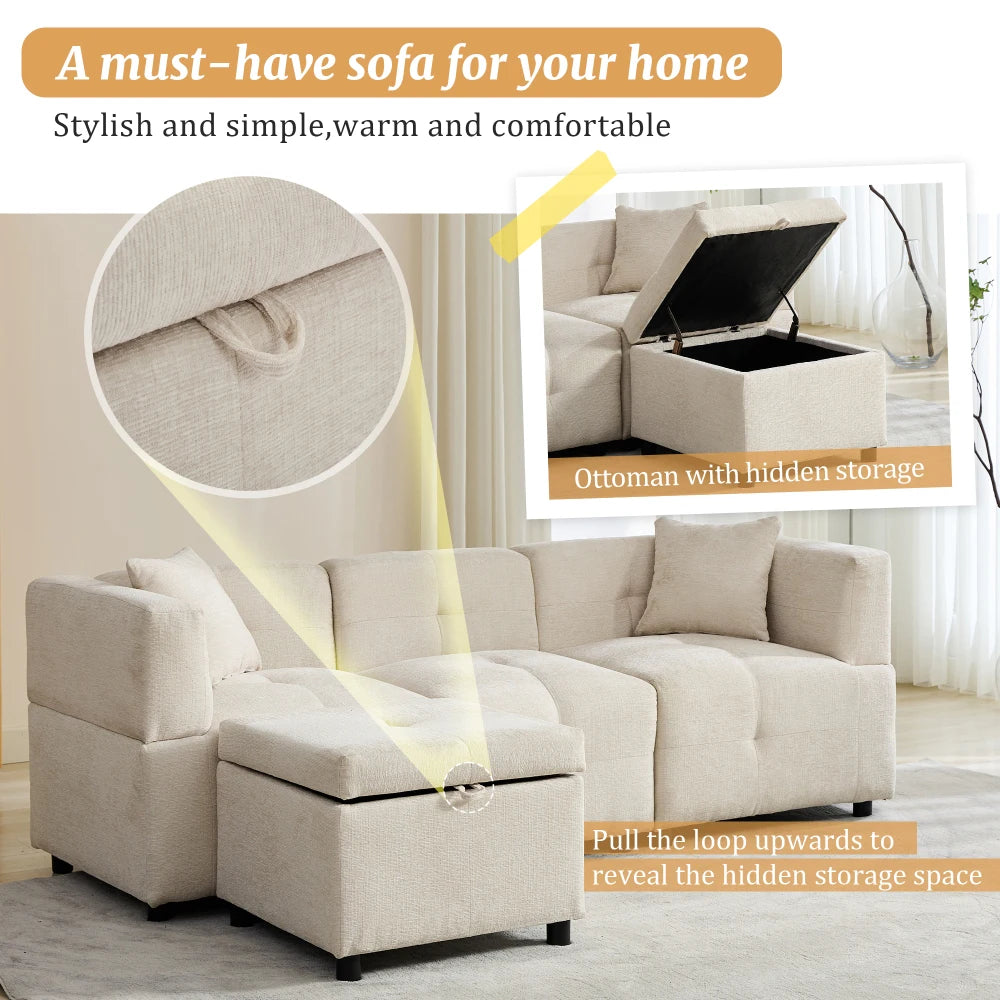 PINOOG L-Shaped Couch Sofa, Corner Sofa 3 Seater Sofa, Sectional Sofa Couches With USB, Cup Holder, For Apartment Living Room (Beige)