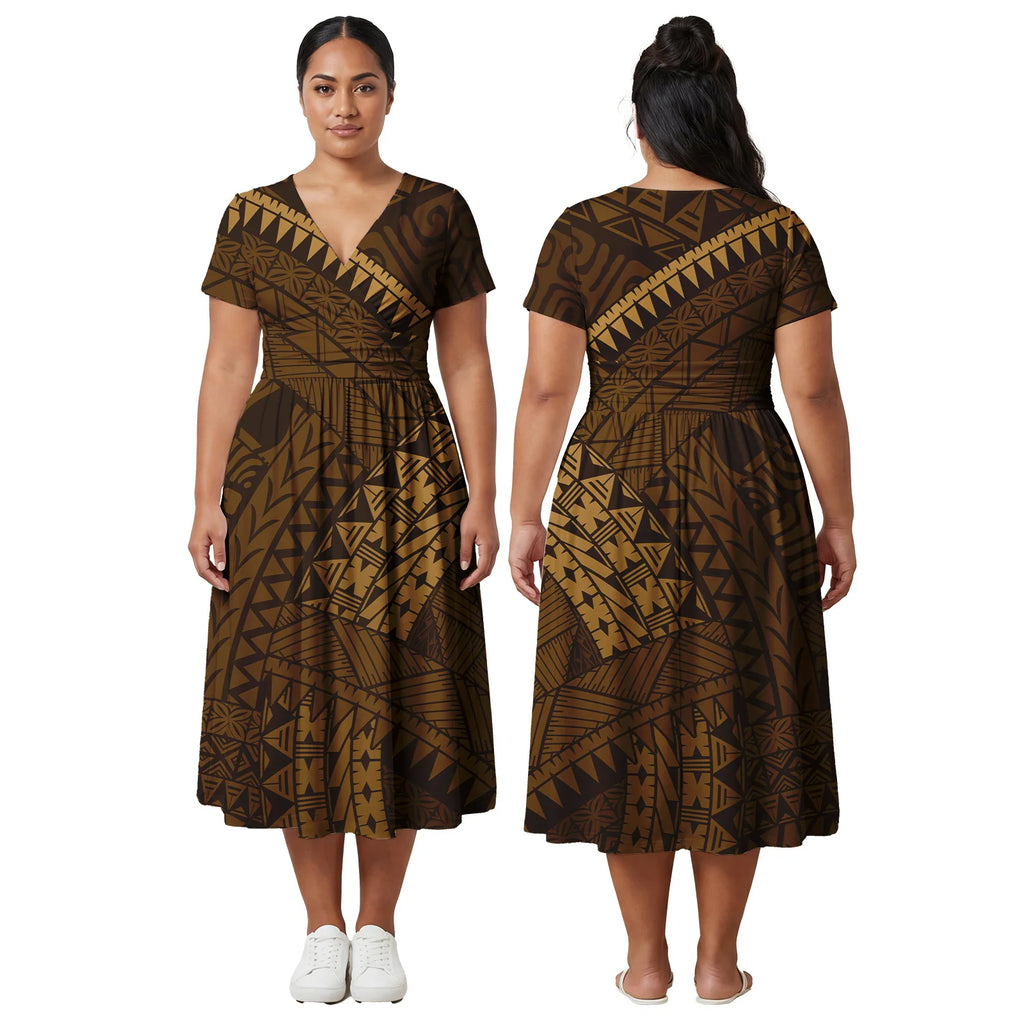 Factory Outlet Outfits Custom Ladies Samoan Tribal Prom Dresses Polynesian Fashion Plus Size Skirts Hawaiian V-Neck Women Dress