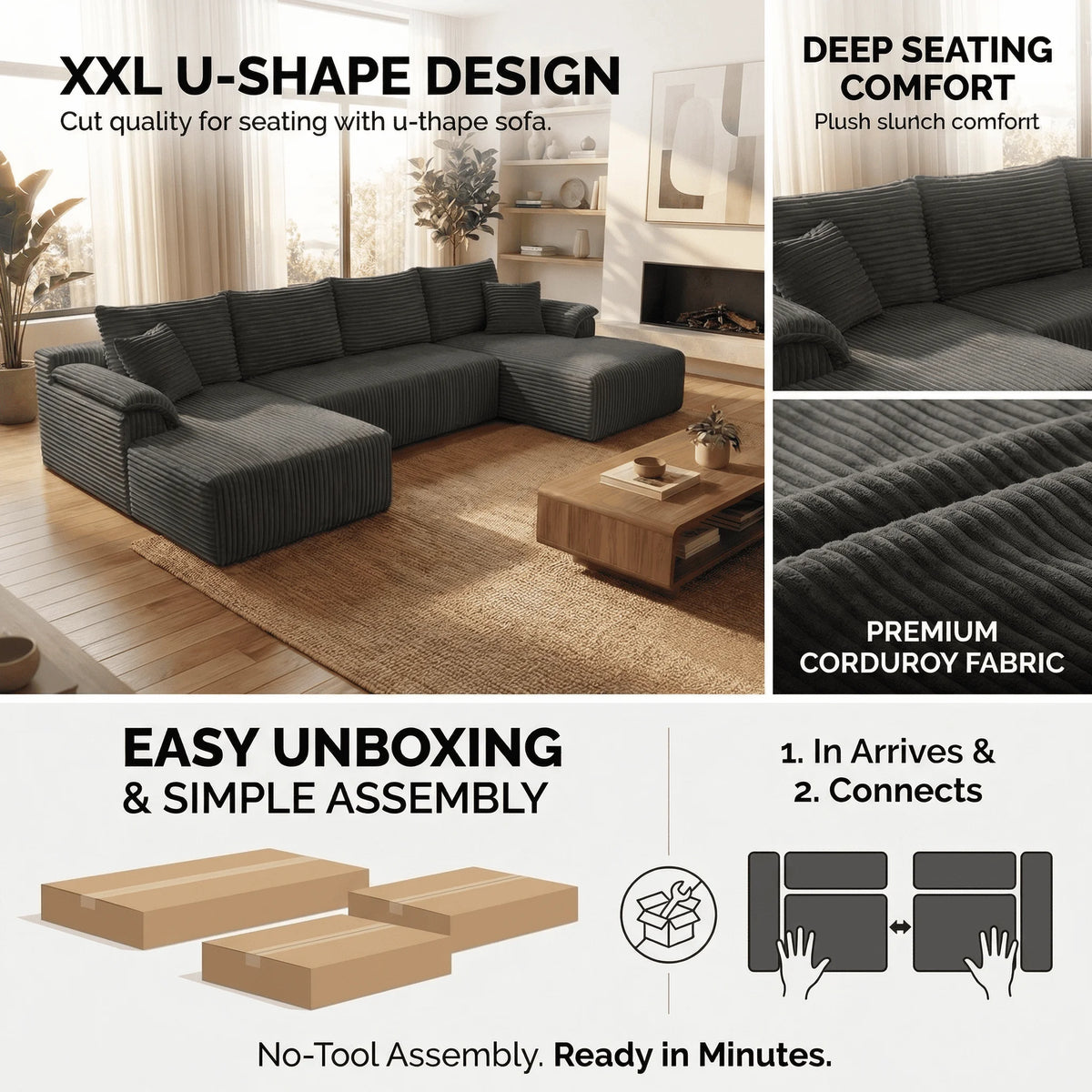 U-shaped Modular Canvas Sofa - Modern Living Room Design - Comfortable - No Assembly Required - Frameless Combination Sofa