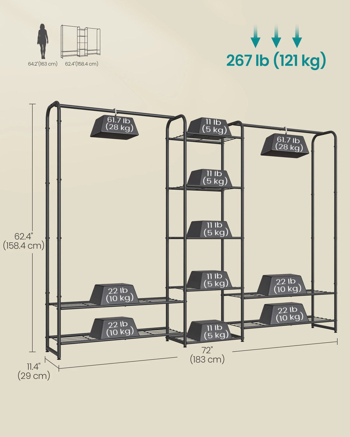 SONGMICS Clothes Hanger, Open Wardrobe, Clothes Rail, Clothes Rack with Storage Shelves, Metal Wardrobe, Freestanding