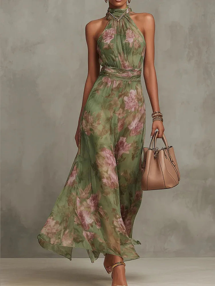 DFCF Fashion Sleeveless High Neck Ruched Waist Chiffon Flowy Evening Party Dress 2026 New Women Floral Print Halter Maxi Dress