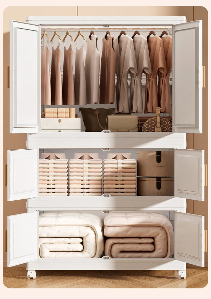 Multi-Layer Folding Storage Cabinet Double Door Wardrobe Closet Large Capacity Organizer Bins Stratification Shelf Containers
