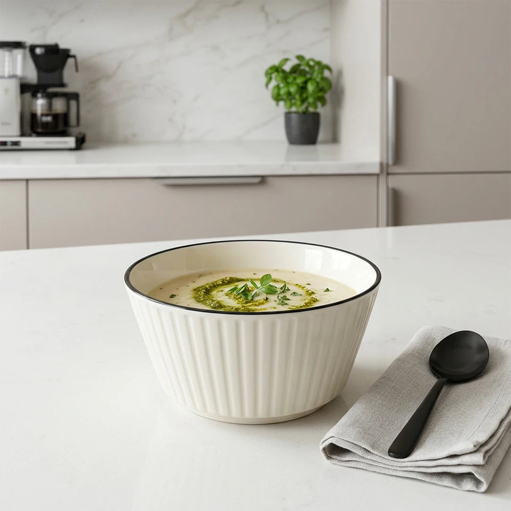 4PCS 6in Ceramic Bowls Set, White Black Rim Round Porcelain Tableware, Glossy Finish, Multi Safe Oven Microwave Dishwasher, for Home Dining, Ice Cream, Desserts, Snacks, Stackable, Noodles, Kitchen Table Decor, Party Tablewar