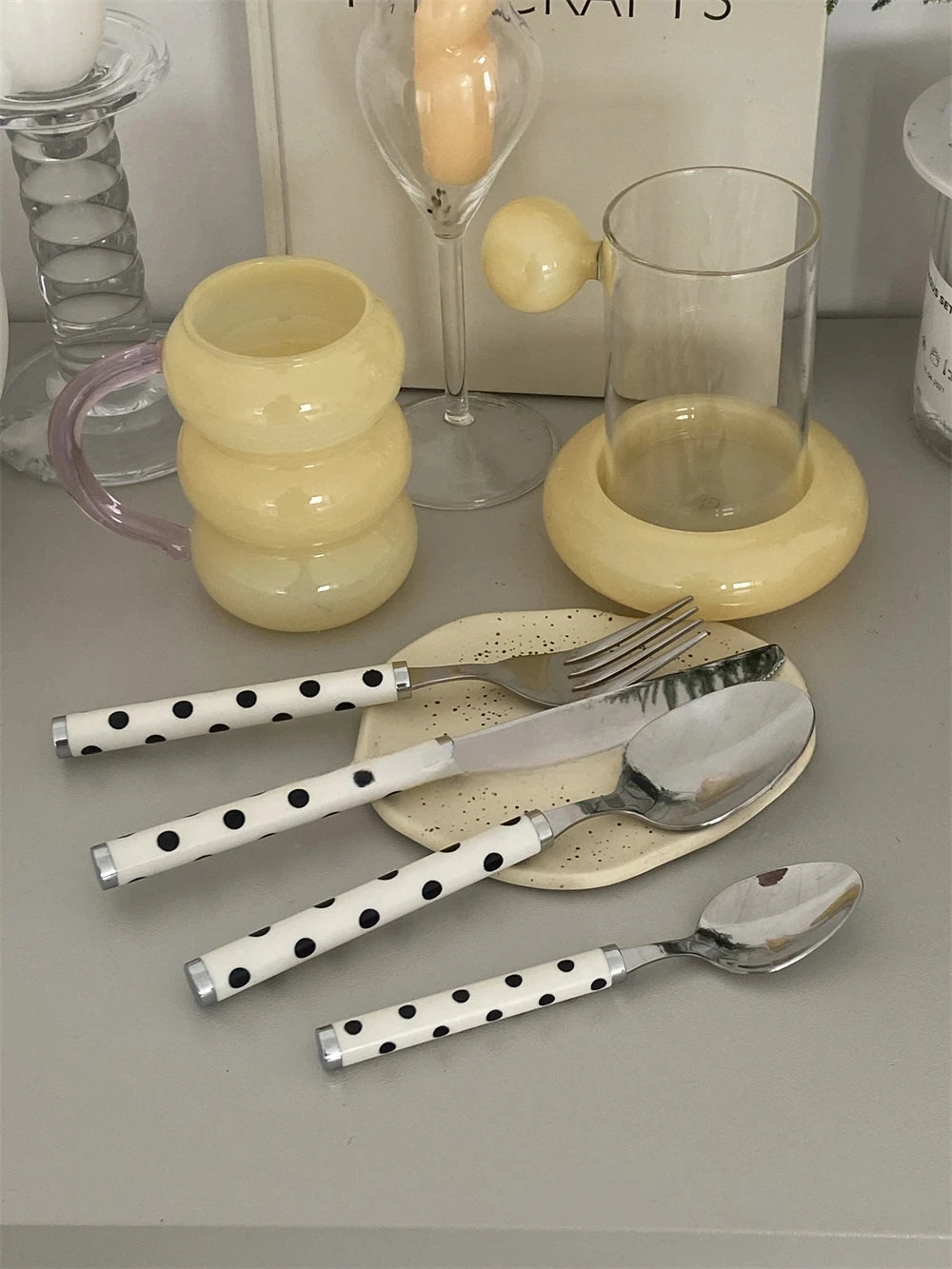 Korean Dotted Retro Stainless Steel Tableware 4-Piece Set, Western Steak Fork & Butter Spoon Household Dinner Cutlery Set