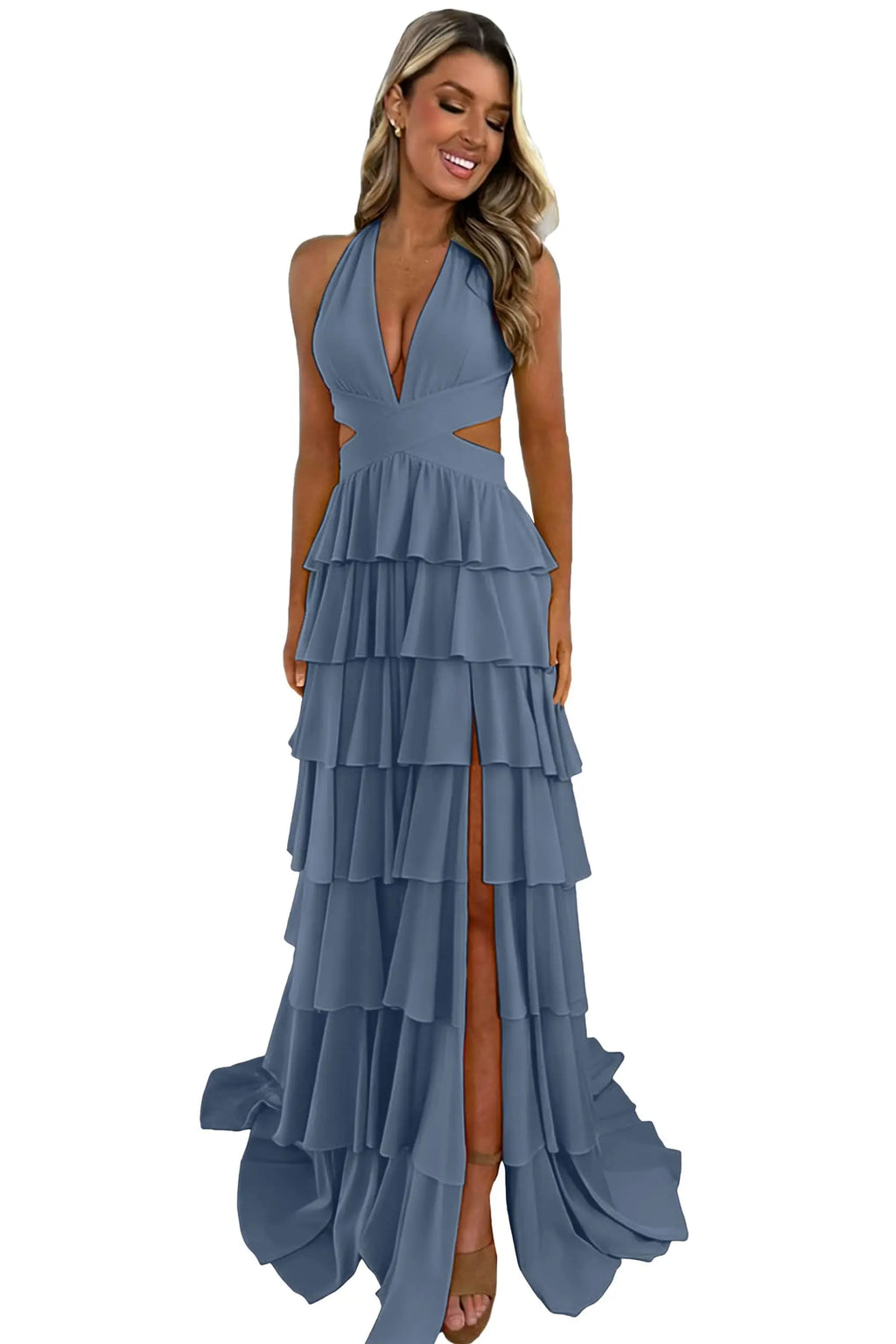 Customized Halter Tiered Ruffle Prom Dresses for Women 2026 Strapless Chiffon Long Formal Evening Party Gowns with Slit