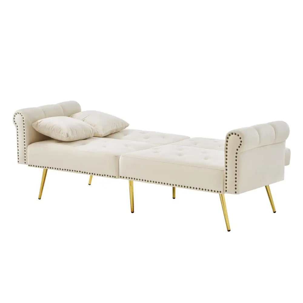PINGGO Modern 2-Seater Sofa Bed – Velvet Upholstery, 3-Stage Adjustable Backrest & Gold-Plated Metal Feet Stylish Sofa