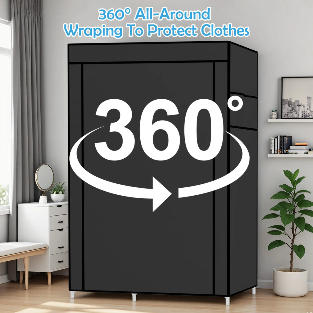 Portable Wardrobe Closet Organizer with Cover Non-Woven Steel Tube Frame 6 Shelves 2 Side Pockets 12mm Easy Assembly for Bedroom