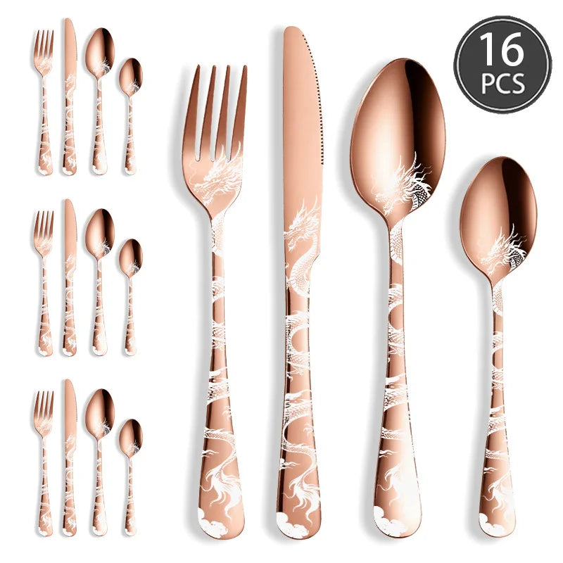 24/16 Pcs Premium Cutlery Set Laser Engraved Dragon Pattern Dinner Knife Fork Spoon Teaspoon for Festival Gifting Camping