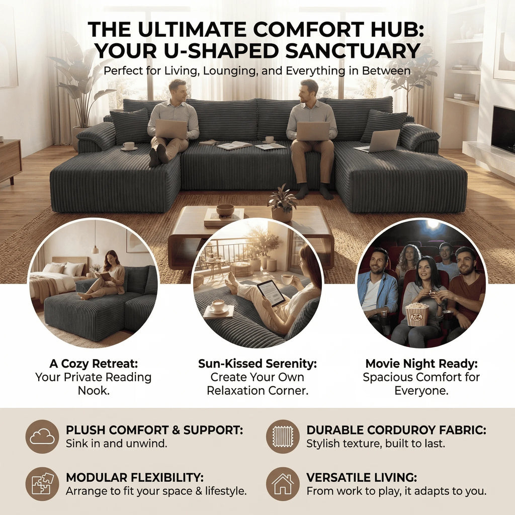 U-shaped Modular Canvas Sofa - Modern Living Room Design - Comfortable - No Assembly Required - Frameless Combination Sofa