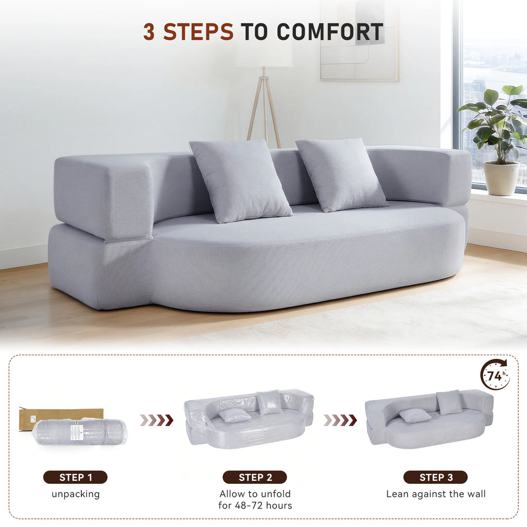 76” Convertible Sofa Bed, Full Size Sleeper Couch, Grey| Boneless Folding Loveseat, Deep Seat, Soft Chenille, 2 Pillows, No Assembly, for Guest Living Room Bedroom