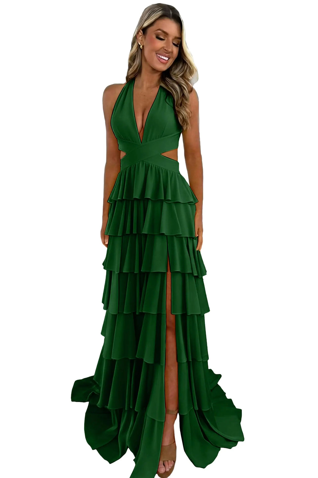 Customized Halter Tiered Ruffle Prom Dresses for Women 2026 Strapless Chiffon Long Formal Evening Party Gowns with Slit