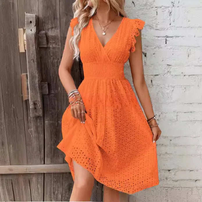 White Lace Fashion Hollow Mini Dress For Women V-Neck Summer Elegant Office Ladies A-Line Dresses Casual Beach Holiday Sundress