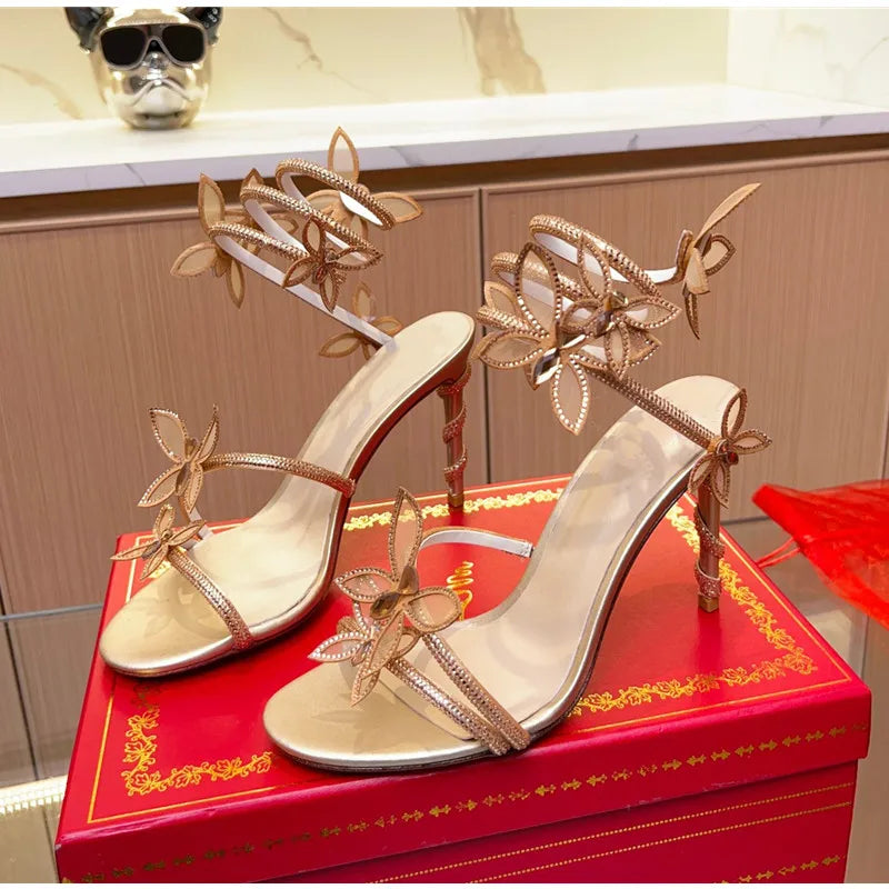 Luxury Crystal Embellished Butterfly Detail Women Sandals Sexy Coiled Strap Thin High heels Gladiator sandals Summer Party Shoes