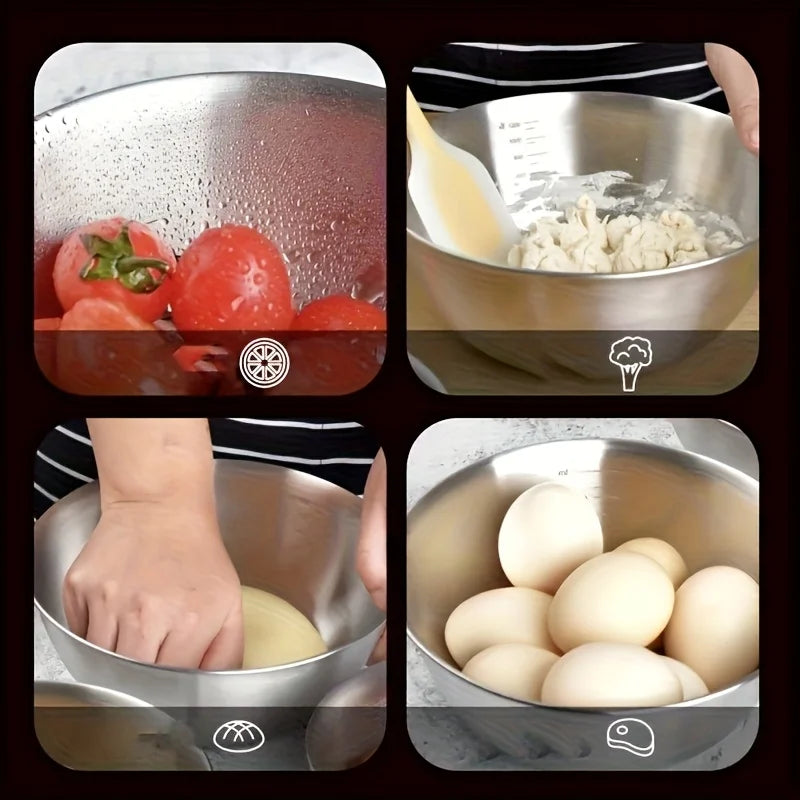 Stainless Steel Mixing Bowls with Measurements, Suitable for Home Use, for Mixing and Kneading, Salads, and Baking Salad Bowl