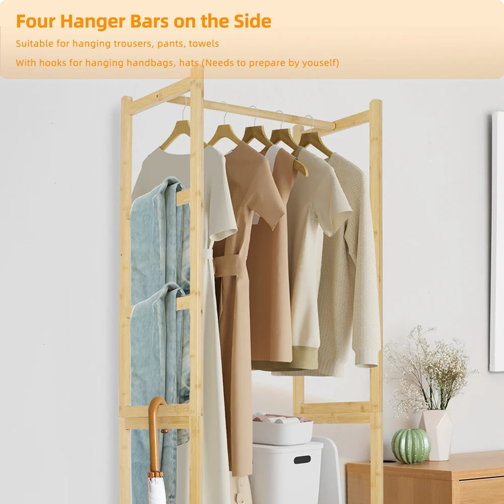 Free Standing Bamboo Clothes Rack Garment Coat Stand Shoe Storage Cabinet Shelf