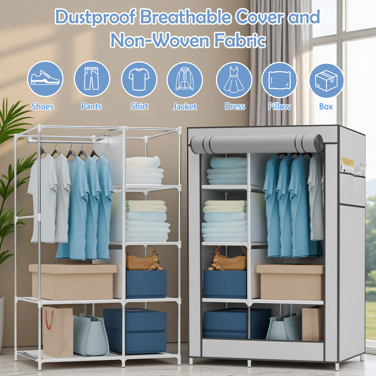 Portable Wardrobe Closet Organizer with Cover Non-Woven Steel Tube Frame 6 Shelves 2 Side Pockets 12mm Easy Assembly for Bedroom