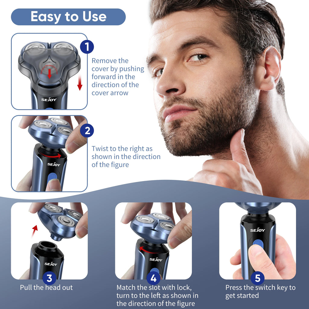 SEJOY Electric Shaver for Men,3D Floating Cutter Head ,Portable Men Beard Hair Trimmer Clipper,Nose Hair Scissors,Rechargeable