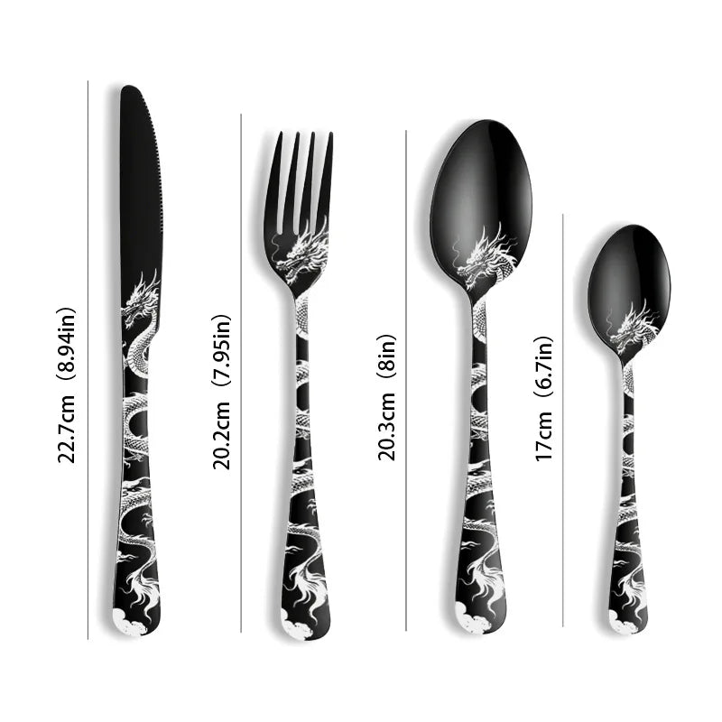 24/16 Pcs Premium Cutlery Set Laser Engraved Dragon Pattern Dinner Knife Fork Spoon Teaspoon for Festival Gifting Camping
