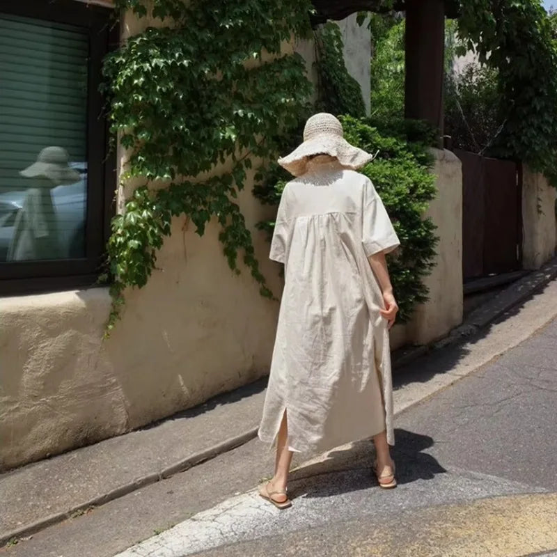 Women V‑Neck Midi Long Dress Short Sleeve Loose Dress With Pockets Casual Vacation Daily Streetwear Ladies Baggy Maxi Dresses