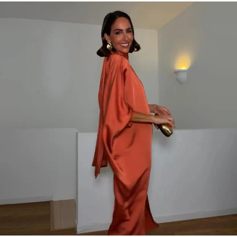 Solid Satin Maxi Dress Women Chic High Neck Batwing Sleeve Front Slit Loose Fit Dresses 2026 Summer Elegant Evening Party Gown