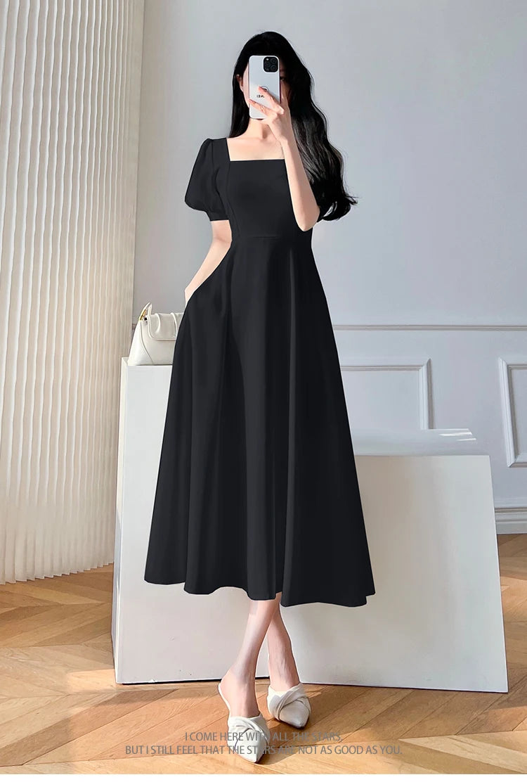 Retro women's long dress party ball bubble sleeves square collar temperament slim fit long dress summer clothing