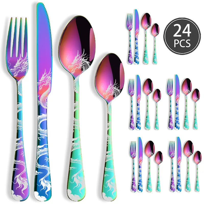 24/16 Pcs Premium Cutlery Set Laser Engraved Dragon Pattern Dinner Knife Fork Spoon Teaspoon for Festival Gifting Camping