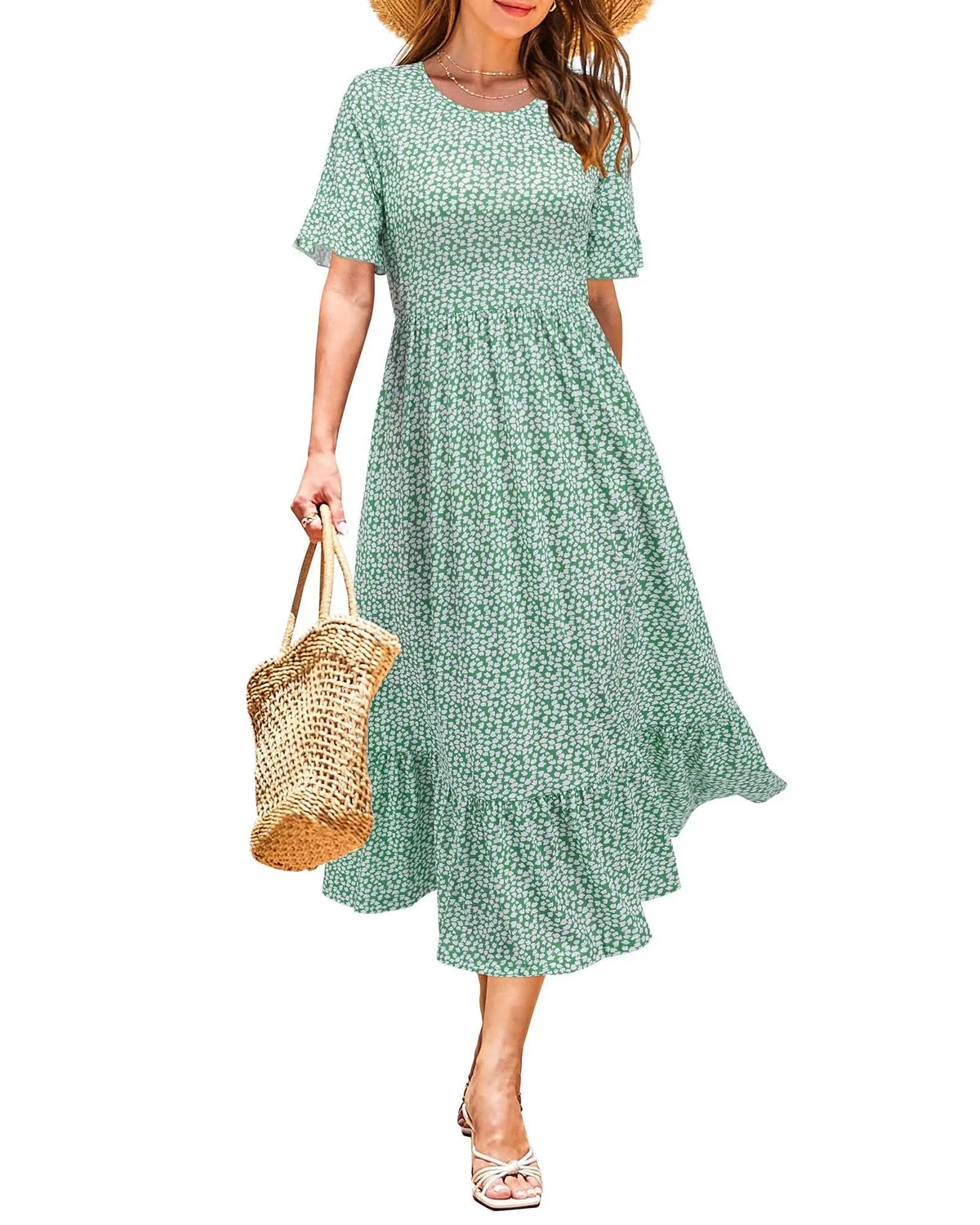 Women Summer Dress Floral Short Sleeve Casual Swing Midi Dress With Pockets
