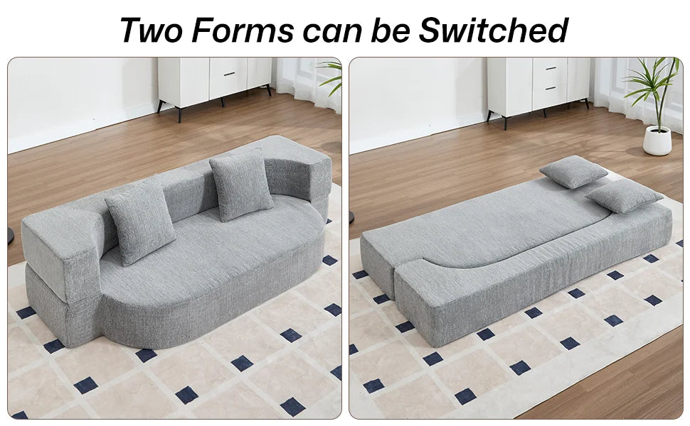 76” Convertible Sofa Bed, Full Size Sleeper Couch, Grey| Boneless Folding Loveseat, Deep Seat, Soft Chenille, 2 Pillows, No Assembly, for Guest Living Room Bedroom