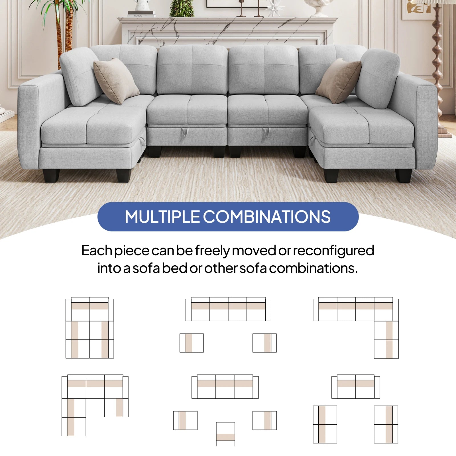 Fabric Modular Sofas with Upholstered Cushion and Removable Back Cushion Covers, Modern Sectional Sofa for Living Room