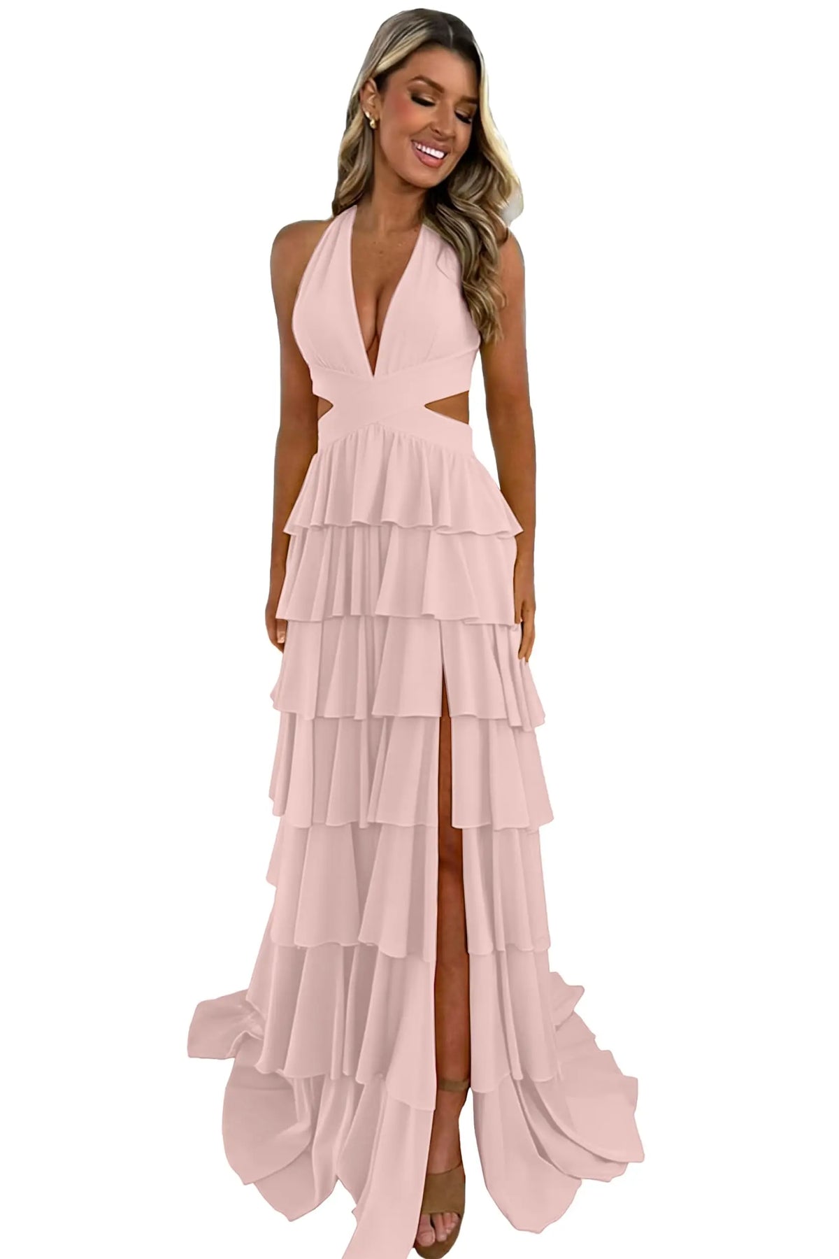 Customized Halter Tiered Ruffle Prom Dresses for Women 2026 Strapless Chiffon Long Formal Evening Party Gowns with Slit