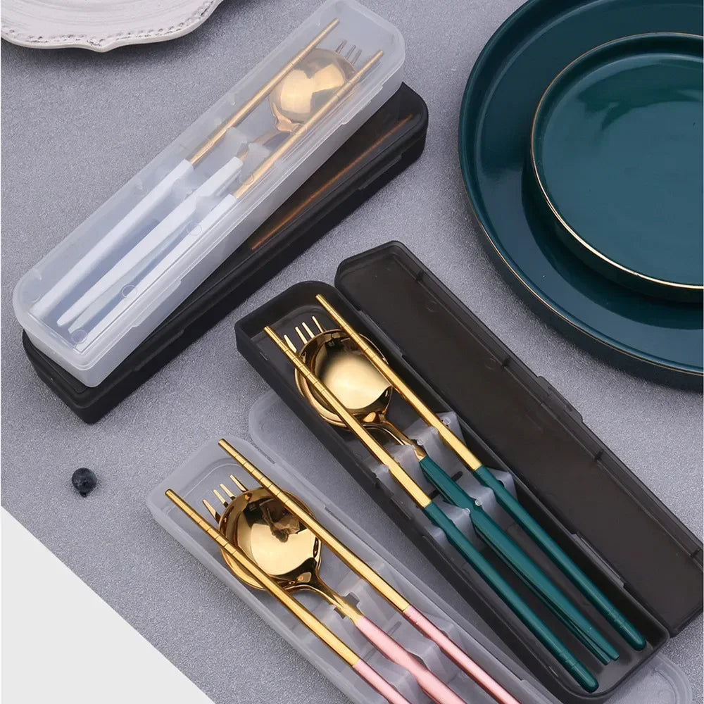 Portable Stainless Steel Spoon Fork Chopsticks Cutlery Set With Storage Box Travel Tableware For Coffee Fruit Dessert Snack