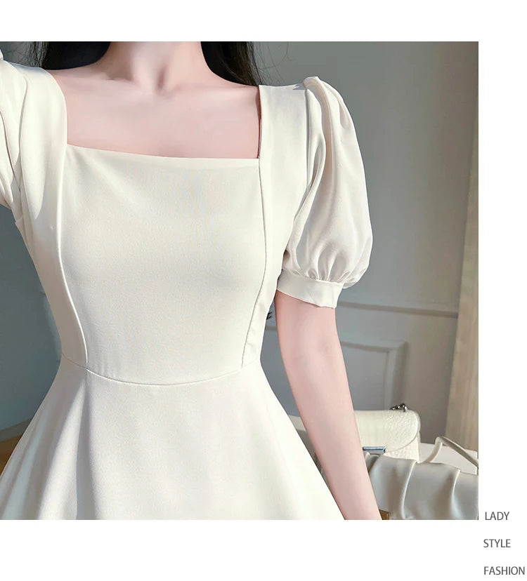 Retro women's long dress party ball bubble sleeves square collar temperament slim fit long dress summer clothing