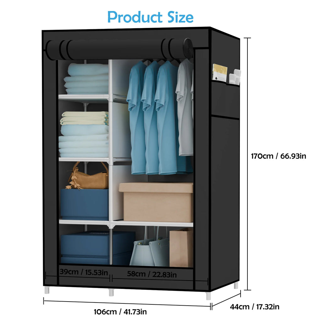 Portable Wardrobe Closet Organizer with Cover Non-Woven Steel Tube Frame 6 Shelves 2 Side Pockets 12mm Easy Assembly for Bedroom