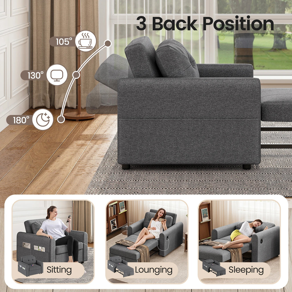 Single Sofa Bed, 3-in-1 Convertible Pull Out Sleeper Sofa Bed Chair with USB Ports & Side Pocket for Living Room, Guest Room