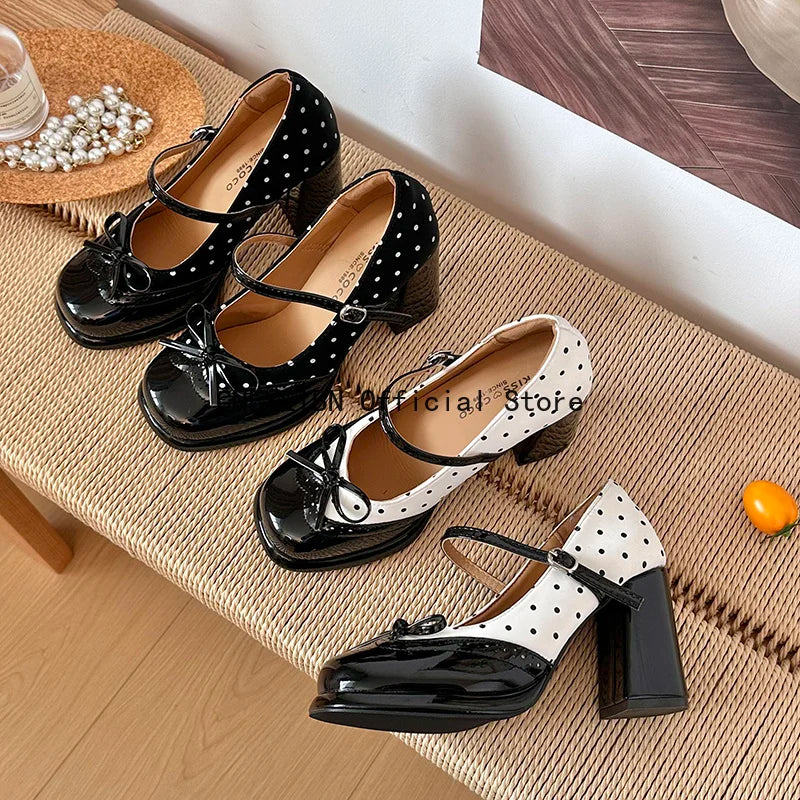 Platform Block Heels Polka Dot Women Mary Jane Shoes Concise Ankle Strap Shoes Spring Women's Elegant Butterfly-knot Dress Pumps