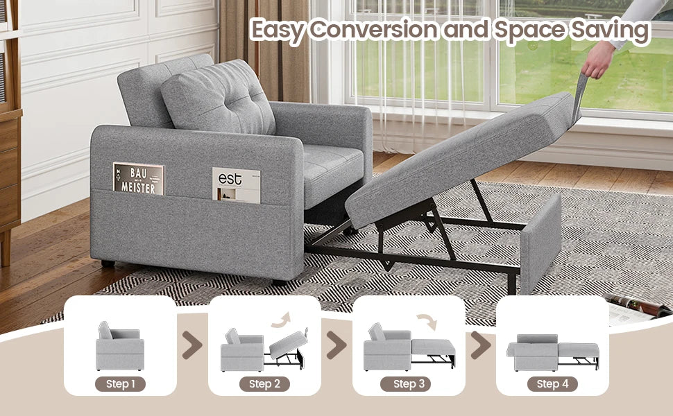 Single Sofa Bed, 3-in-1 Convertible Pull Out Sleeper Sofa Bed Chair with USB Ports & Side Pocket for Living Room, Guest Room