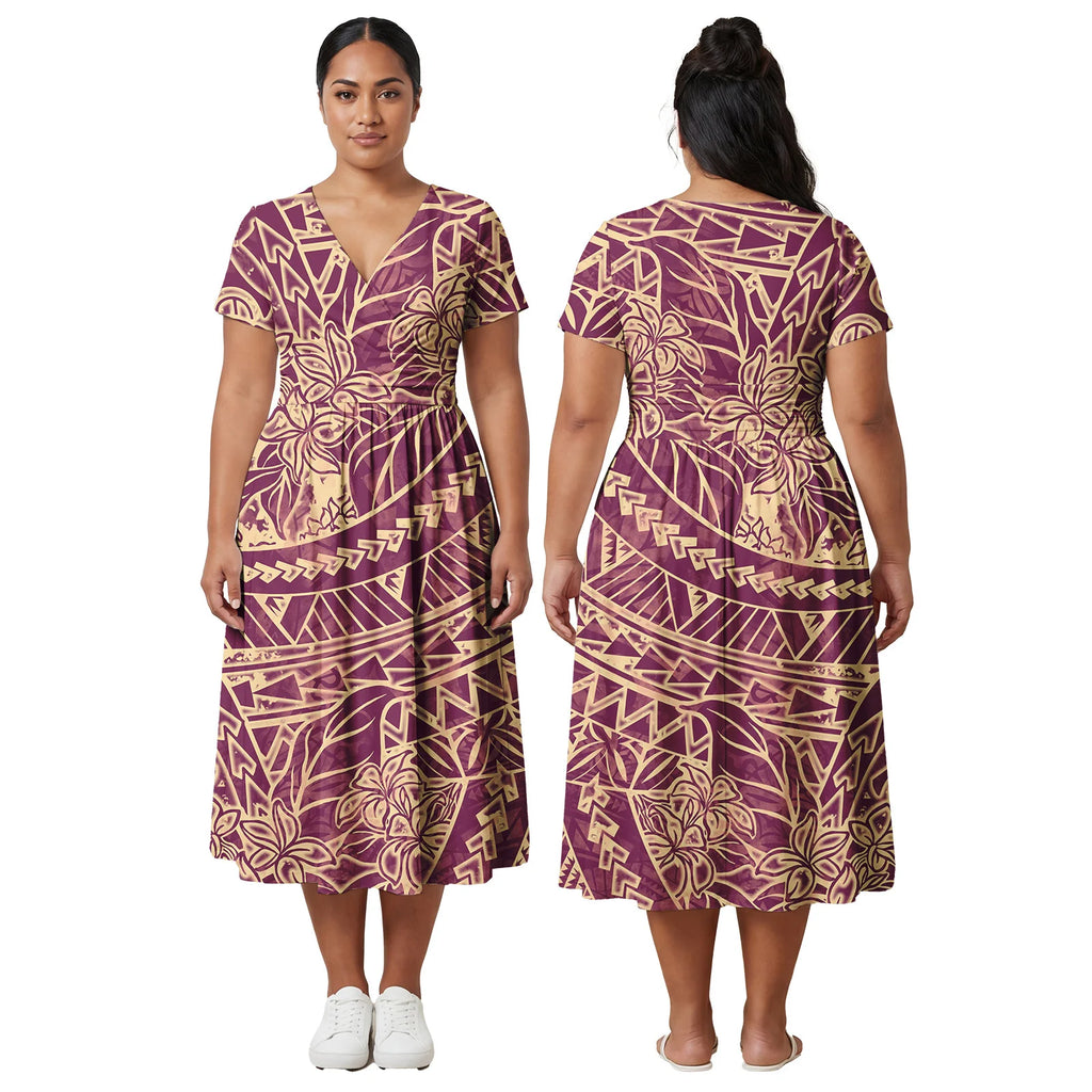 Factory Outlet Outfits Custom Ladies Samoan Tribal Prom Dresses Polynesian Fashion Plus Size Skirts Hawaiian V-Neck Women Dress